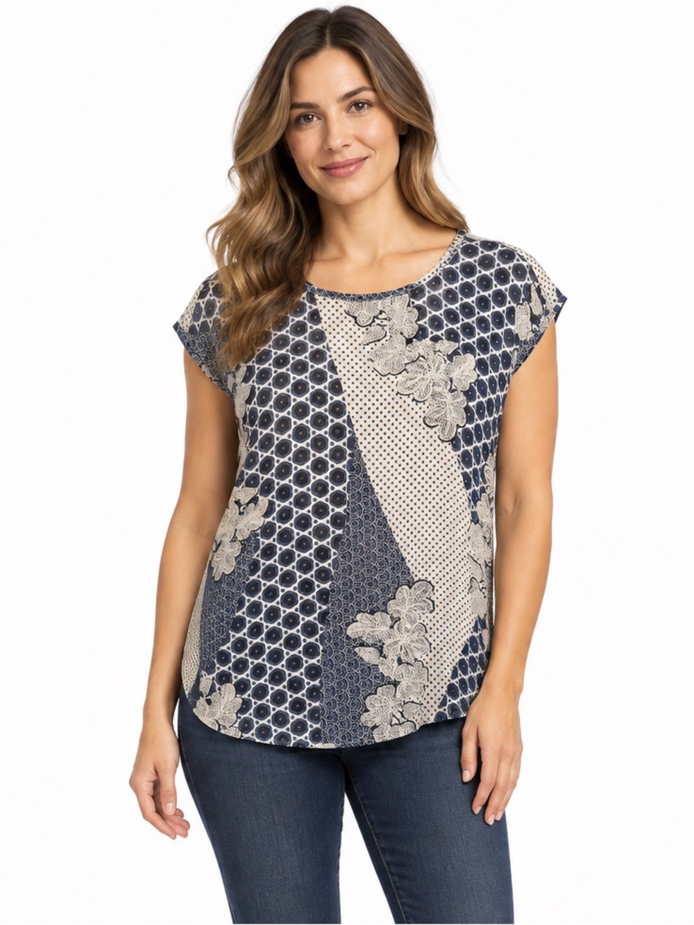 Outback Red Navy and Cream Mixed-Print Short Sleeve Top